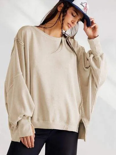 Slit Round Neck Dropped Shoulder T-Shirt Cream Women's T-Shirts - Tophatter Daily Deals